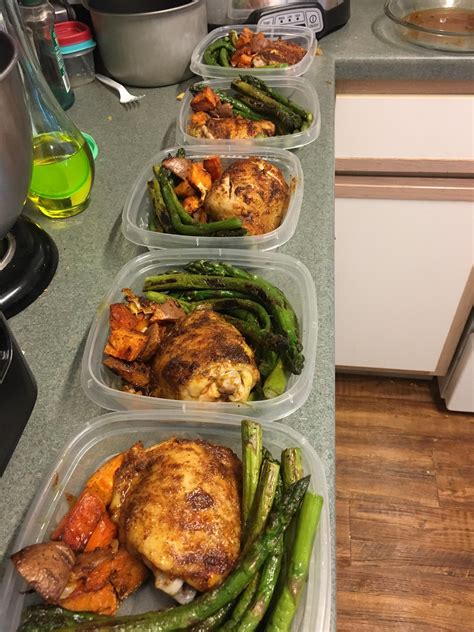 Meal Prep From Yesterday Oven Roasted Chicken And Sweet Potatoes And Skillet Asparagus R