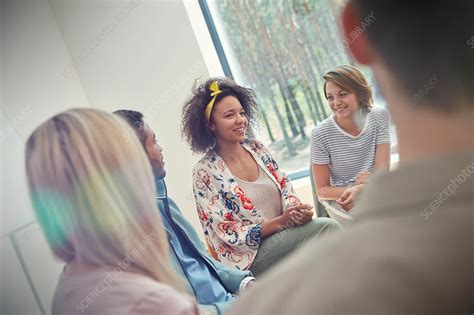 Woman Talking In Group Therapy Session Stock Image F020 6583 Science Photo Library