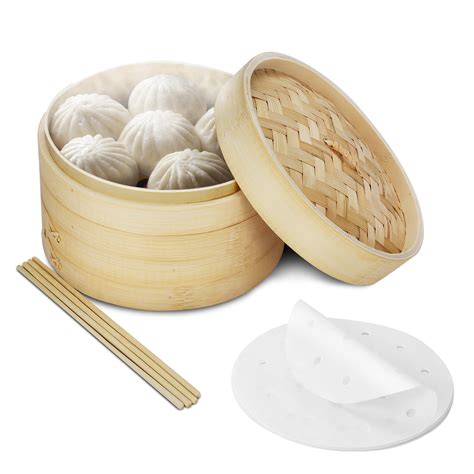 Bamboo Steamer Basket Set 10 Inch With 50x Steamer Liners And 2 Pairs