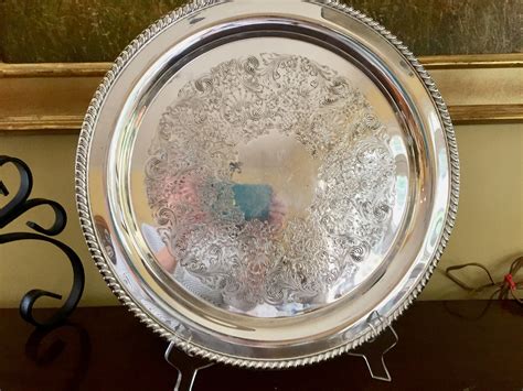 Round Silver Tray, Vintage Silver Plate 15 Inch Serving Tray, Embossed ...