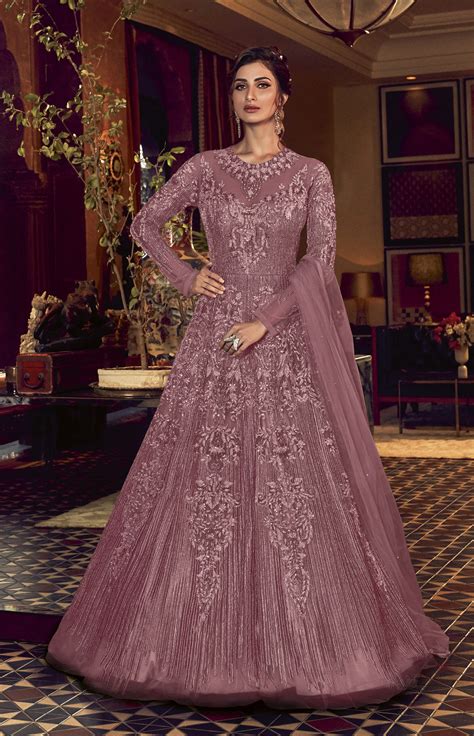 purple new latest party wear long crop gown net gowns for party