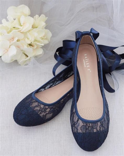 Navy Lace Round Toe Flats With Ballerina Lace Up Bride Shoes Lace Up