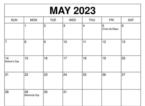 May 2023 Calendar Holidays With Dates