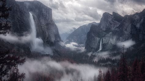 Download 3840x2160 Waterfall Mountain Hills Forest Dark Clouds Fog
