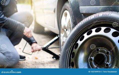 Driver Changing Spare Tyre After Accident Stock Photo Image Of Changing People