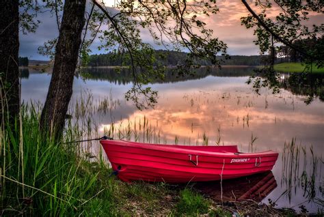 Online Crop Red Boat Nature Lake Boat Landscape Hd Wallpaper