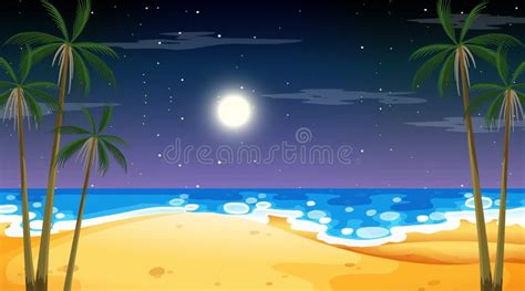 Beach At Night Time Landscape Scene With Palm Tree Stock Vector