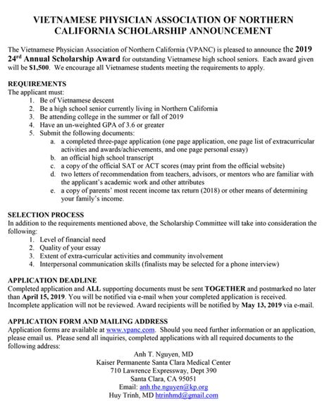 A resume for a scholarship is a document focusing on your education and academic achievements. 2019 scholarship announcement - Vietnamese Physician Association of Northern California