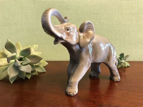 Vintage Elephant Figurine Gray Porcelain Elephant Elephant With Trunk