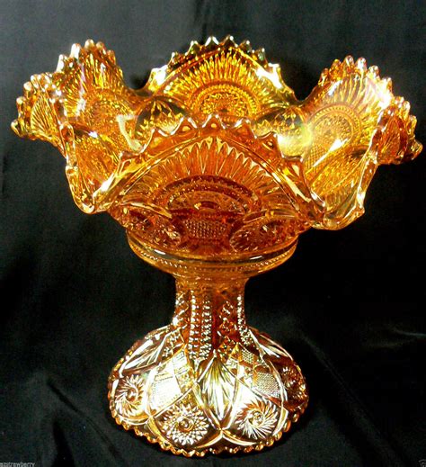 Vintage Marigold Iridescent Inmerial Carnival Glass Ruffled Bowl W Stand Footed Pottery And Glass