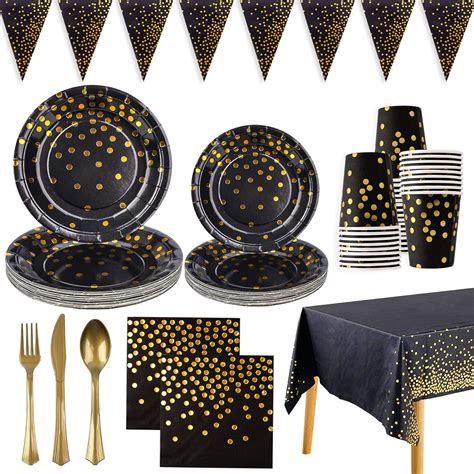 Joyypop Black And Gold Party Supplies Serves 25 Disposable Dinnerware