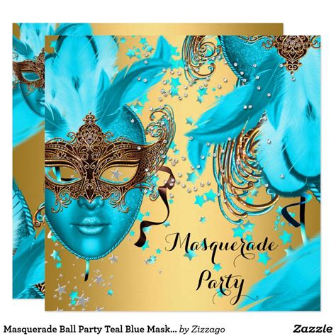 Masquerade Ball Party Teal Blue Masks Gold 3 Invitation Masquerade