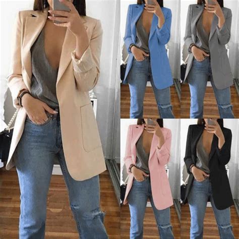Solid Color Long Sleeve Pocket Suit Jacket Blazer Jackets For Women Long Blazer Jacket Suits