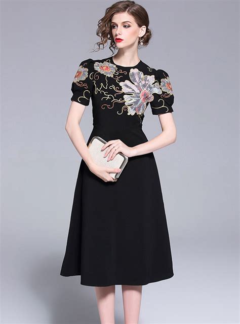 Black Elegant Floral Embroidered A Line Midi Dress Fancylooks