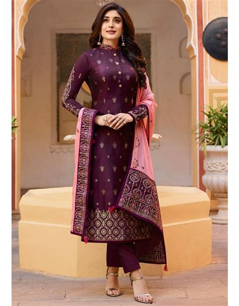 Kritika Kamra Wine Pant Kameez With Embroidered Dupatta Simple