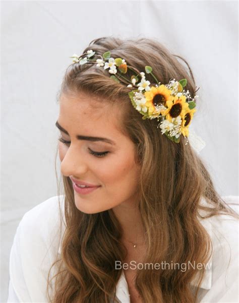 Sunflower Flower Crown With Green Leaves And Babies Breath Etsy