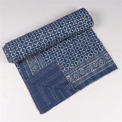 Indigo Block Handmade Printed Kantha Bedspreads Length Inch In