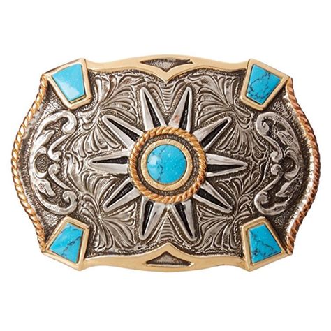 Western Rowel Silver And Gold Belt Buckle With Turquoise Stones Belt