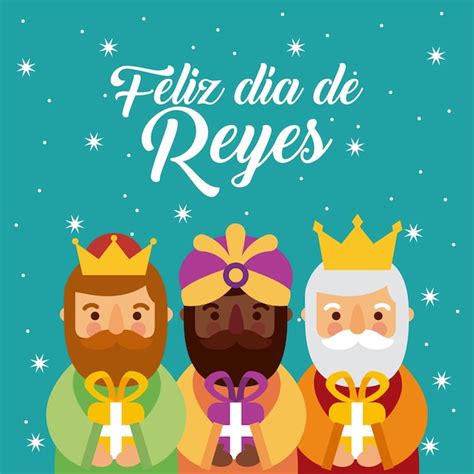 Feliz Dia De Los Reyes Tres Reyes Magos Traen Regalos A Jesus Vector