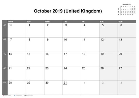 October 2019 Calendar With Uk Holidays Australia Holidays Uk