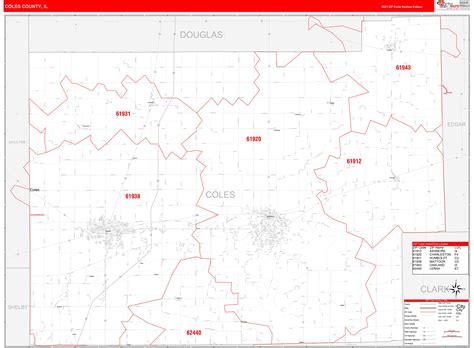 Coles County Il Zip Code Wall Map Red Line Style By Marketmaps