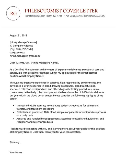 Remember the last cover letter sample you downloaded and got stuck filling. Phlebotomist Cover Letter Free Download | Resume Genius