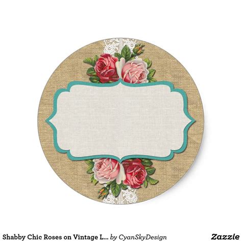 Shabby Chic Roses On Vintage Lace And Rustic Burlap Classic Round Sticker
