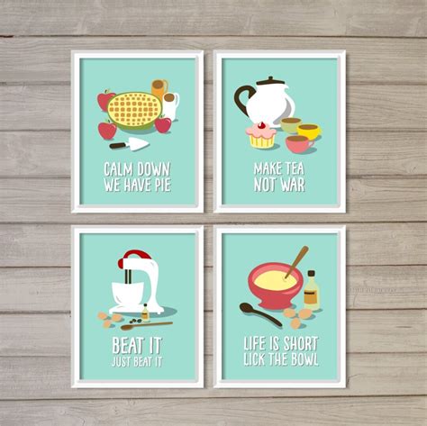 Funny Kitchen Printable Wall Art Prints Set Of 4 Turquoise Blue 8x10