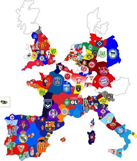 Map of top division football clubs in major European ...