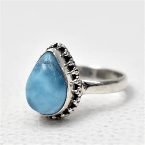 Natural Larimar Ring Silver Sterling Ring Chunky Pear Shape Ring