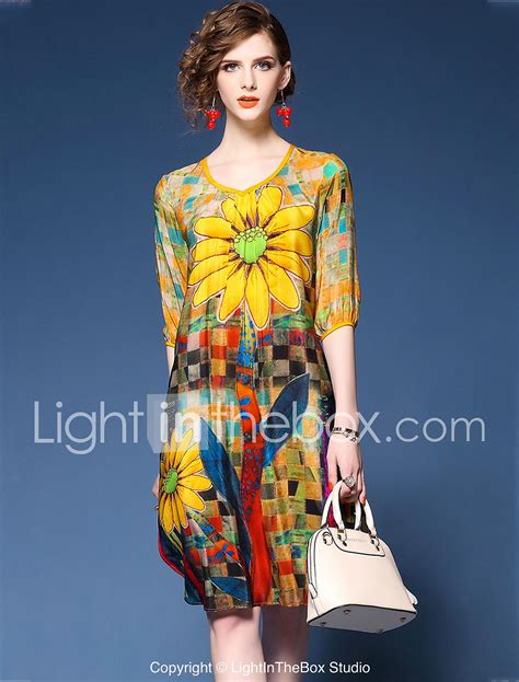 999 Womens Chiffon Dress Knee Length Dress Yellow Red Half Sleeve