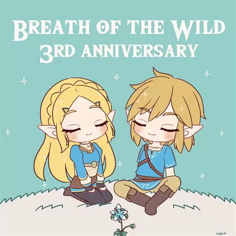 two cartoon characters sitting next to each other with the words breath of the wild 3rd anniversary