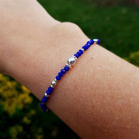 tiny blue crystal stretch bracelet gold fill or sterling silver small cobalt blue beaded