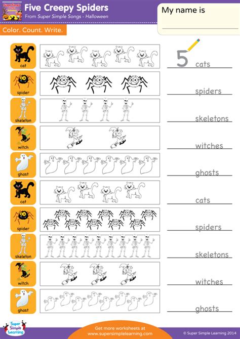 Five Creepy Spiders Worksheet Color Count And Write Super Simple