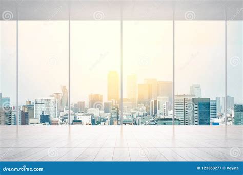 Empty Marble Floor And Window With Panoramic City Skyline Of Tokyo