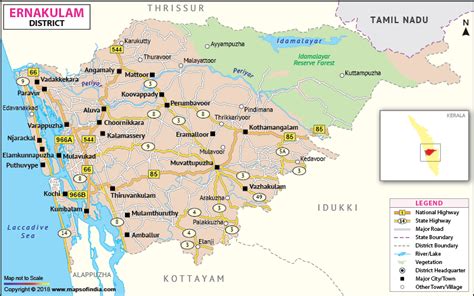 Travel map of ernakulam district with district headquarters, taluk headquarters, towns, places of tourist importance, distance in kilometers (km), district boundary, taluk boundary, national highway with number, major roads, other roads, railway line. Ernakulam District Map