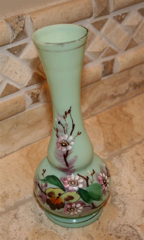Green Opaline Vase With Hand Painted Flowers Antiques Board
