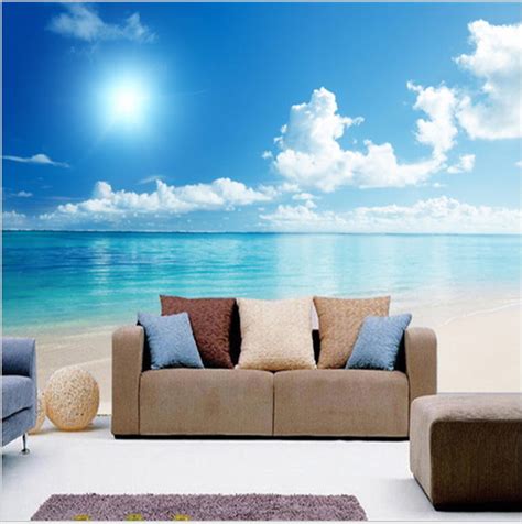 Relaxing 3d Calm Ocean Beach Blue Sky Sun Wallpaper Mural Minimum Order