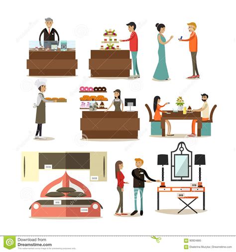 Vector Flat Icons Set Of Shop Interior Buyers And Sellers Stock Vector
