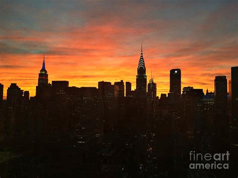 Fiery Sunset New York With Chrysler And Empire State Buildings