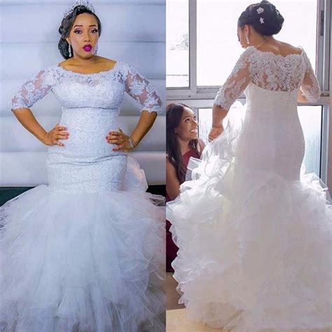 Plus Size African Mermaid Wedding Dresses 2019 Half Sleeve Lace Tiered