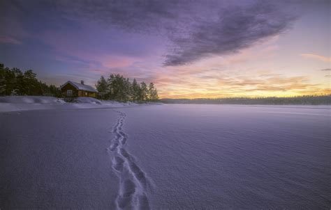 Wallpaper Winter Snow Traces Lake House Norway Norway Ringerike