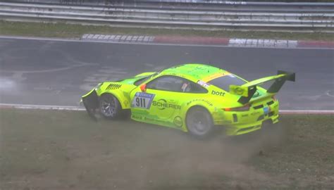 Porsche 911 Gt3 R Racecar Driver Ignores Nurburgring Crash Spins Back