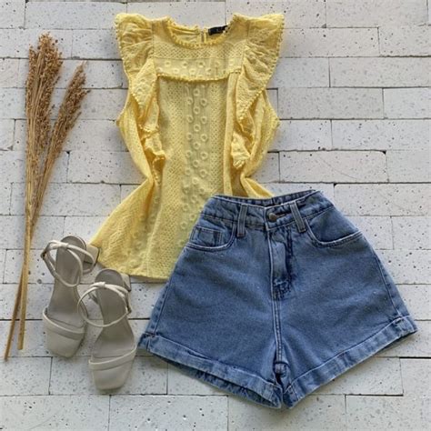 Blusa Bordada Detalhe Babados Amarelo Uma verdadeira tendência Dondoca Moda Feminina