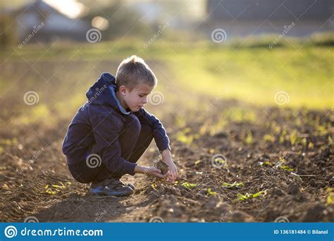 Young Blond Serious Tired Child Boy Squatting Alone In Empty Field