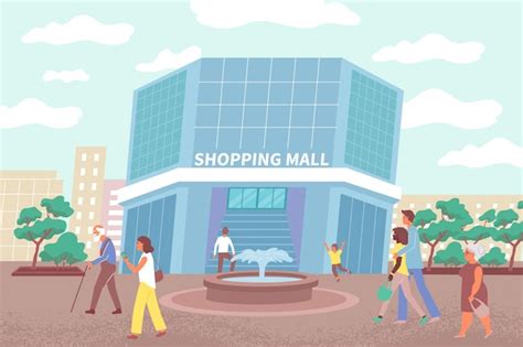 Ilustração De Prédio De Shopping E Cidadãos Fazendo Compras Em Shopping