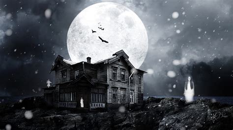 Haunted House Full Moon Haunted Black And White Halloween Sky