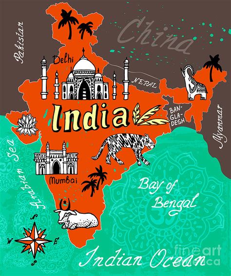 Illustrated Map Of India Digital Art By Daria I Pixels Merch