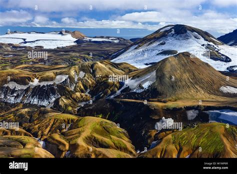 Aerial View Of Colorful Snow Covered Rhyolith Mountains Geothermal