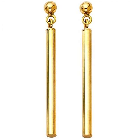 14k Solid Yellow Gold Bar Dangle Earrings Long Stick Vertical Hanging